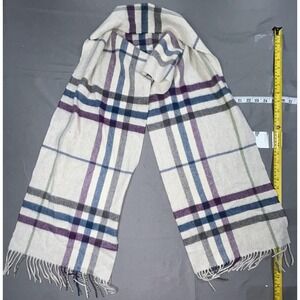 Burberry Scarf Womens One Size White Plaid 100% Cashmere Fringe Made Scotland
